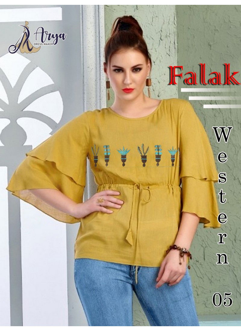 Yellow Arya Falak Western Rayon Cotton Work Designer Party Wear Ladies Tops 05